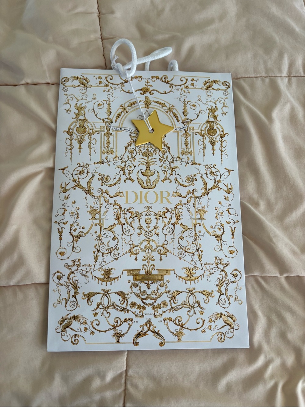 Dior Gold & White Decorative Gift Bag 15” x 9.5” x 5” with Star